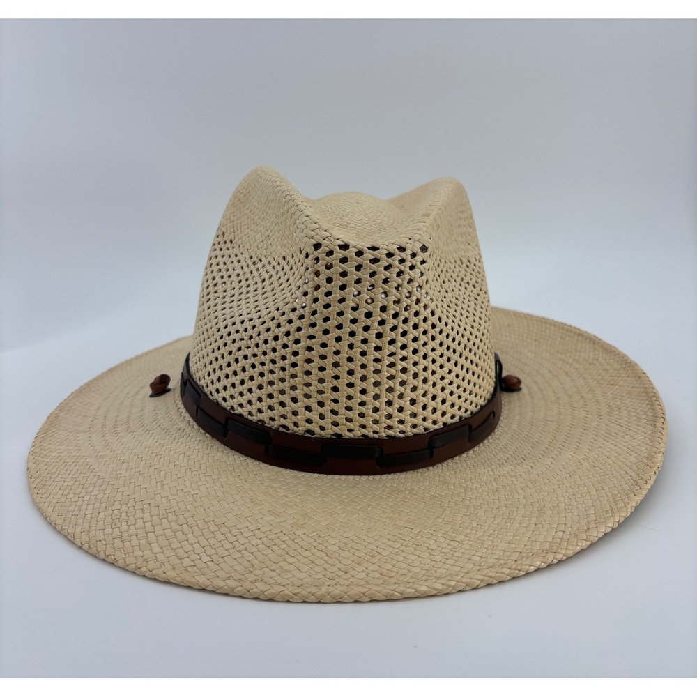 Stetson Airway Vented Panama Safari Hat Natural Straw Size M Leather Chin Cord